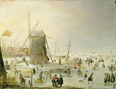 Een winters tafereel met schaatsers bij een molen door Hendrick Avercamp